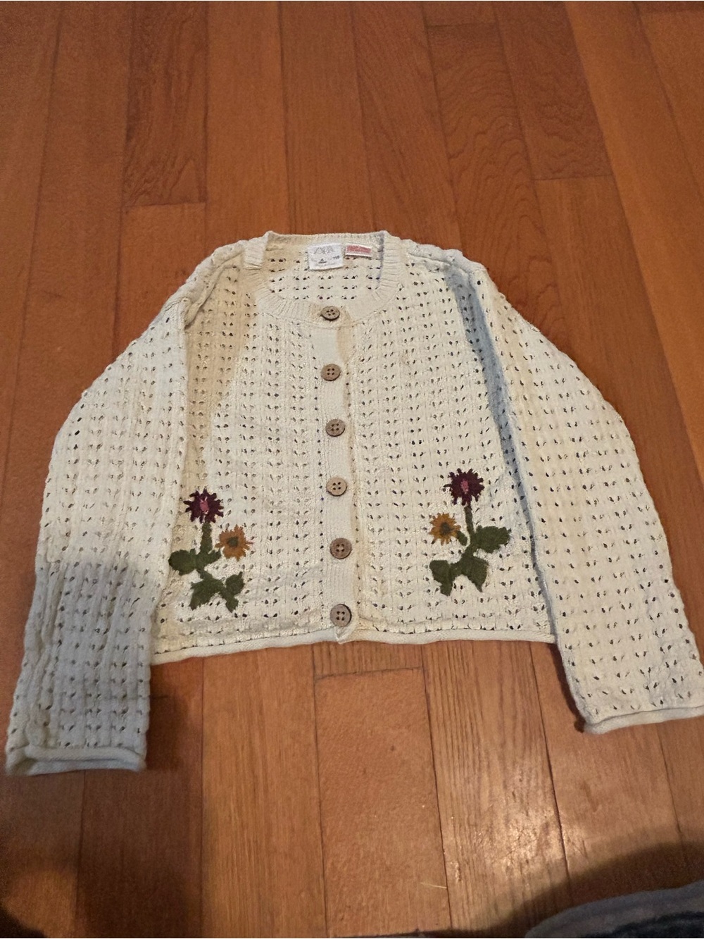 Zara Kids Girls Embroidered Floral Pointelle Knit Cardigan Sweater Cream Size 5